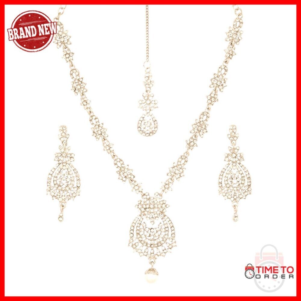 Indian Jewelry Set with Maang Tikka, Necklace, Earrings for Weddings